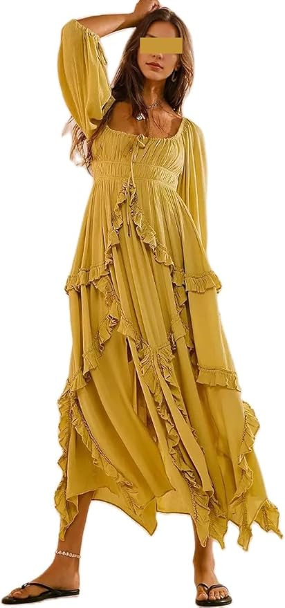 Women Long Sleeve Flowy Boho Dress Y2k Smocked Floral Ruffle Tiered Maxi Dress Fall Casual Swing ... | Amazon (US)