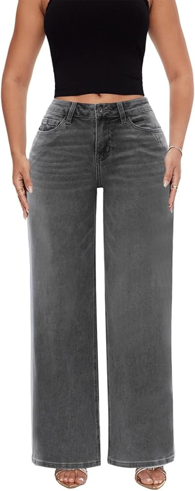 ONESO Mid-Low Rise Baggy Jeans Wide Leg for Women Distressed Pants Stretchy Bottom Lady Basic Com... | Amazon (US)