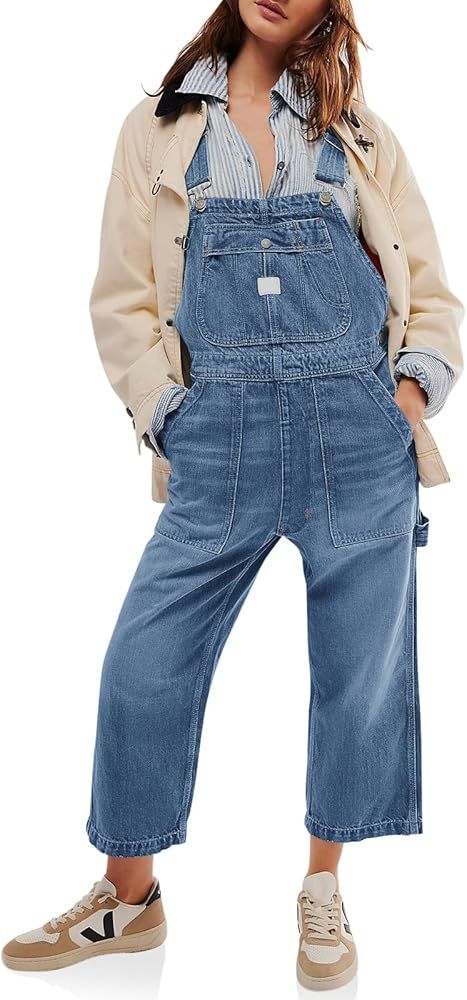 PLNOTME Womens Denim Overalls Casual Loose Fit Bib Adjustable Strap Wide Leg Capri Jean Jumpsuits | Amazon (US)