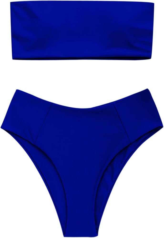 ZAFUL Women's High Cut Bandeau Bikini Set Strapless Solid Color 2 Pieces Bathing Suit Swimsuit | Amazon (US)