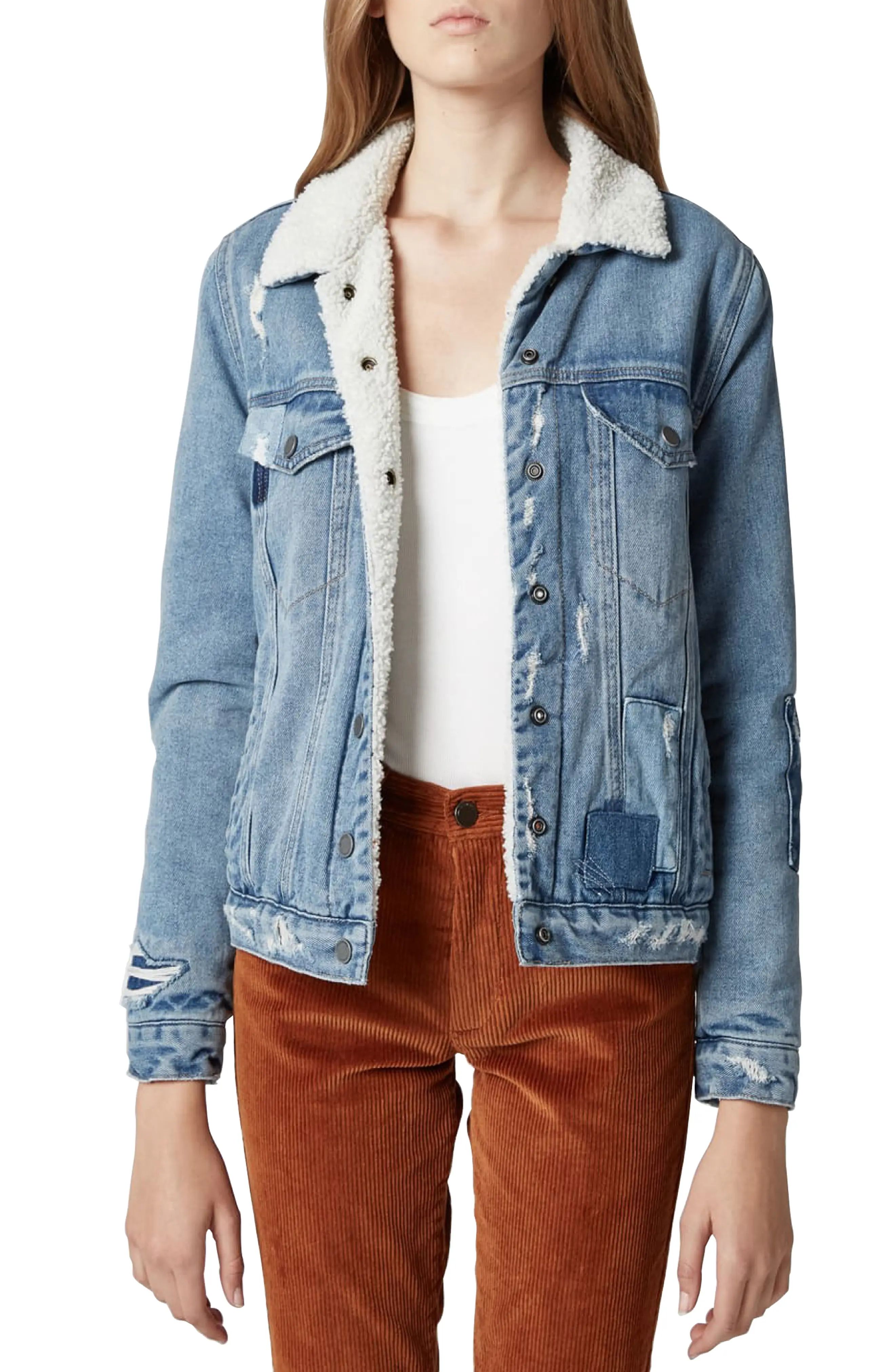 BLANKNYC Faux Shearling Trim Patched Denim Jacket | Nordstrom