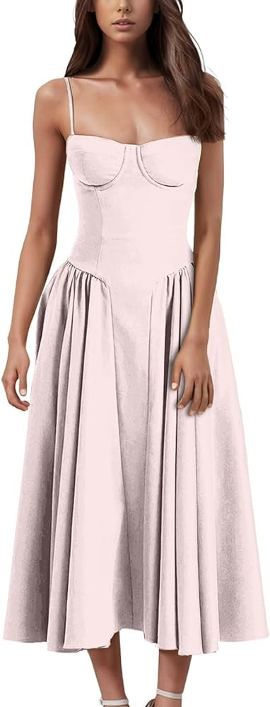 Womens Summer Clothes, Sleeveless Corset for Women 2024 Elegant Spaghetti Strap Midi Flowy Pleate... | Amazon (US)