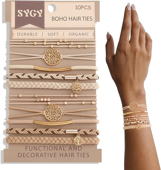 10 Boho Bracelets, Braided & Stretch Hair Ties for Thick/Thin Hair, 5 Styles, Light Coffee Colors... | Amazon (US)