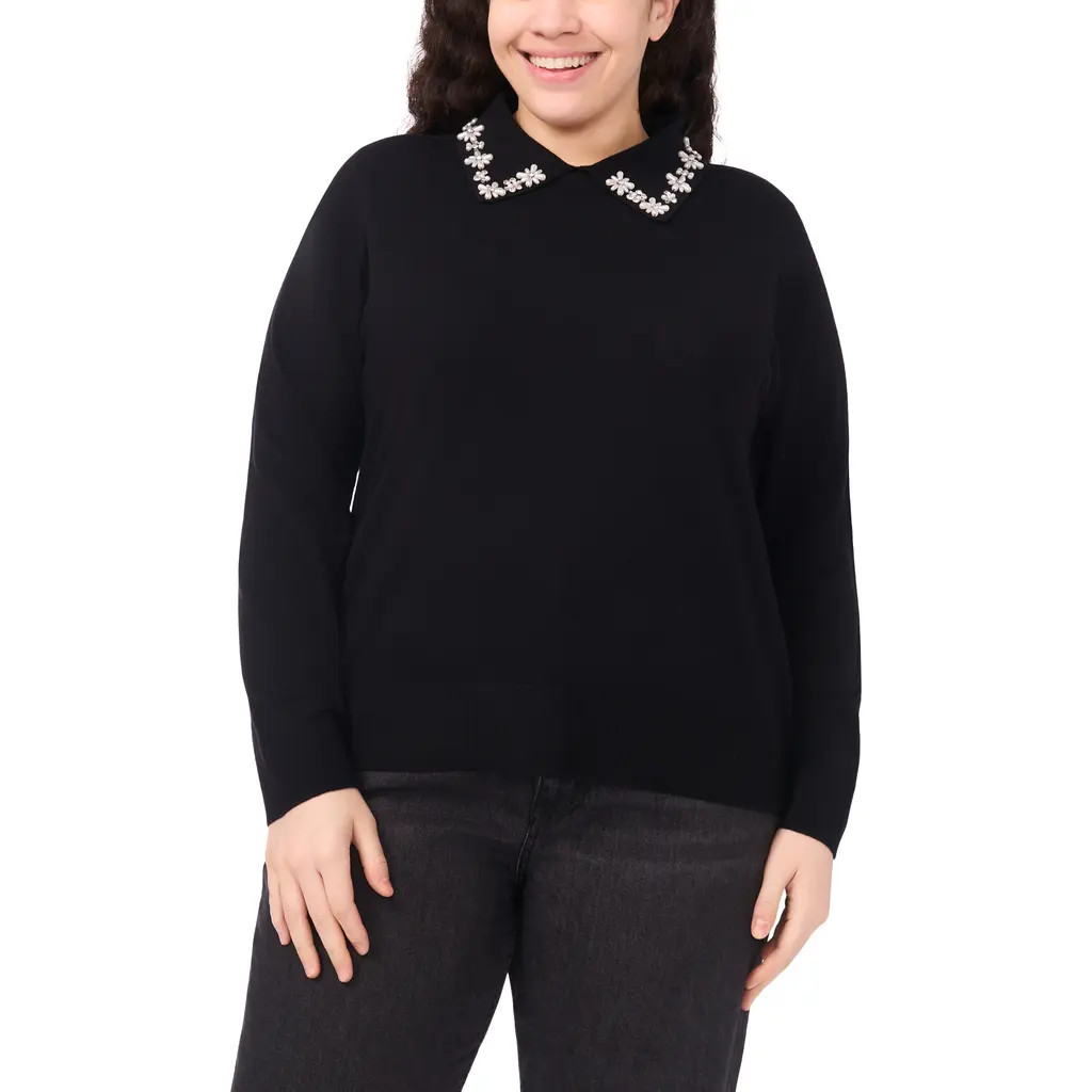 CeCe Faux Pearl & Rhinestone Detail Collared Sweater in Rich Black at Nordstrom Rack, Size 1X | Nordstrom Rack