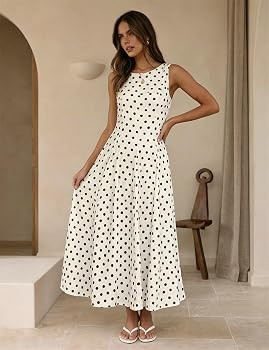 Lingswallow Polka Dot Dress for Women Boat Neck Maxi Tank Vintage Sleeveless 2026 Long Dresses Be... | Amazon (US)