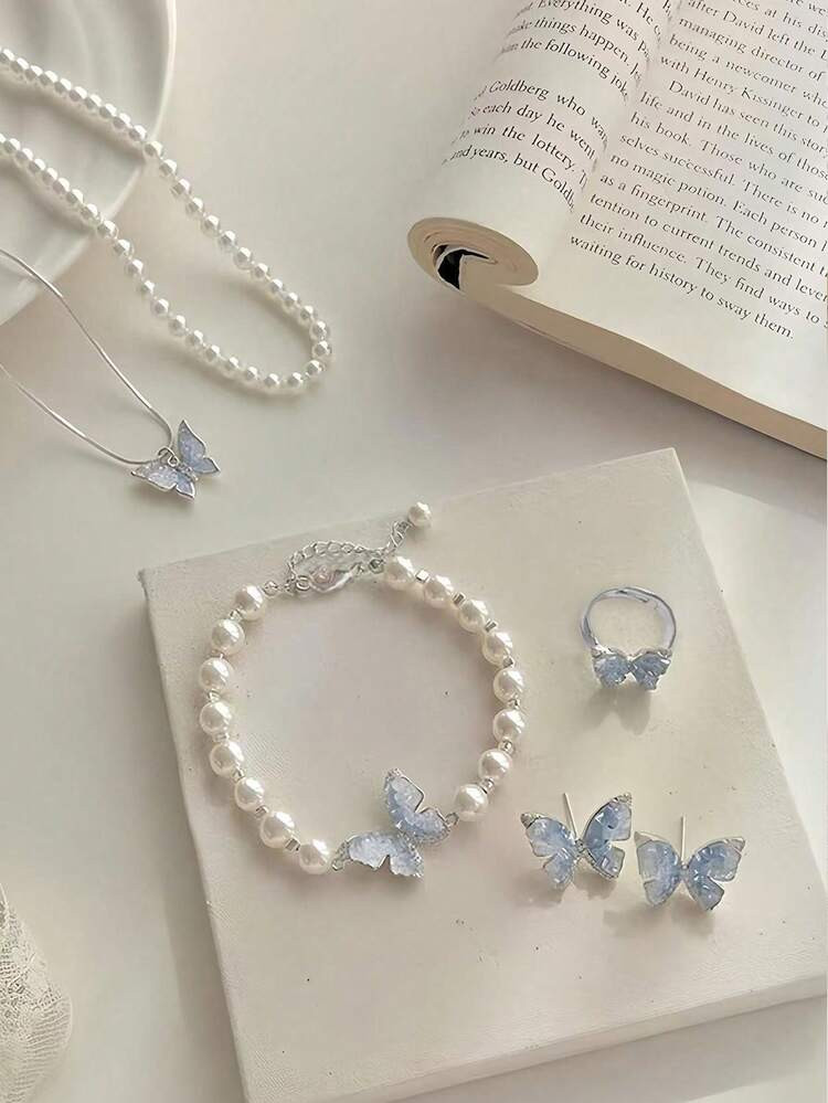 1pc/2pcs/6pcs Set Unique Design Elegant Asymmetrical Blue Crystal Butterfly & Pearl Necklace, Bracelet, Earrings, Ring Jewelry Set, Best Gift For Girlfriend/Best Friend | SHEIN