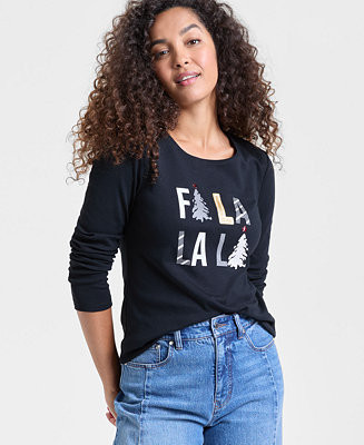 Holiday Lane Women's Fa La La Graphic Top, PXS-4X, Macy's Exclusive - Macy's | Macy's
