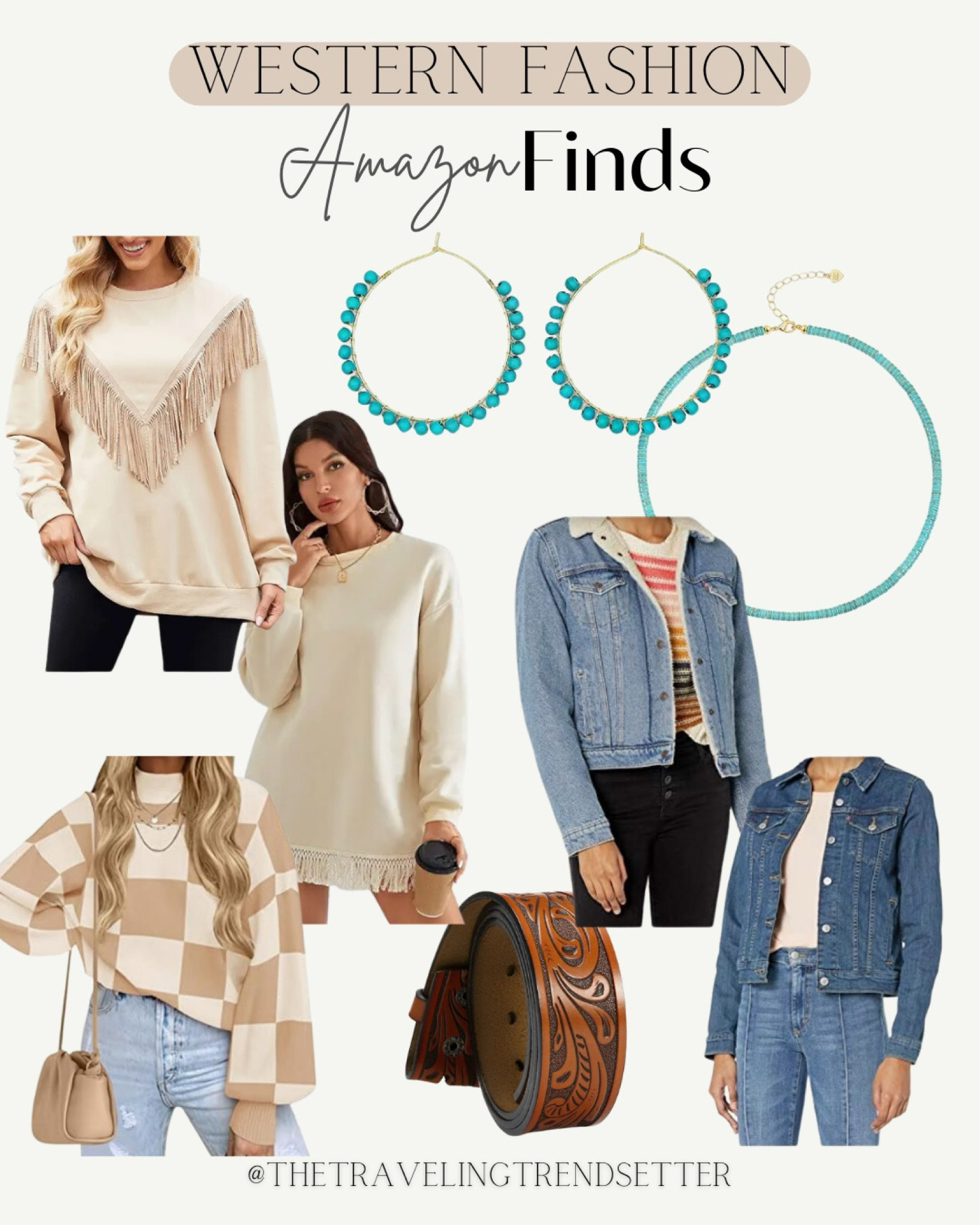 Amazon, fines, western fashion, sweaters, denim jackets, turquoise, belt, sweater, dress, French, checkered, viral, Amazon, women’s clothing, fashion, finds 

#LTKfindsunder50 #LTKfindsunder100 #LTKstyletip