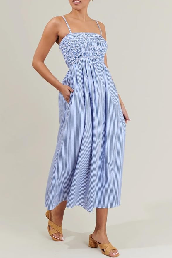 Women Striped Maxi Cami Dress Boho Spaghetti Strap Flowy Long Sundress Y2k Shirred Smocked Midi D... | Amazon (US)