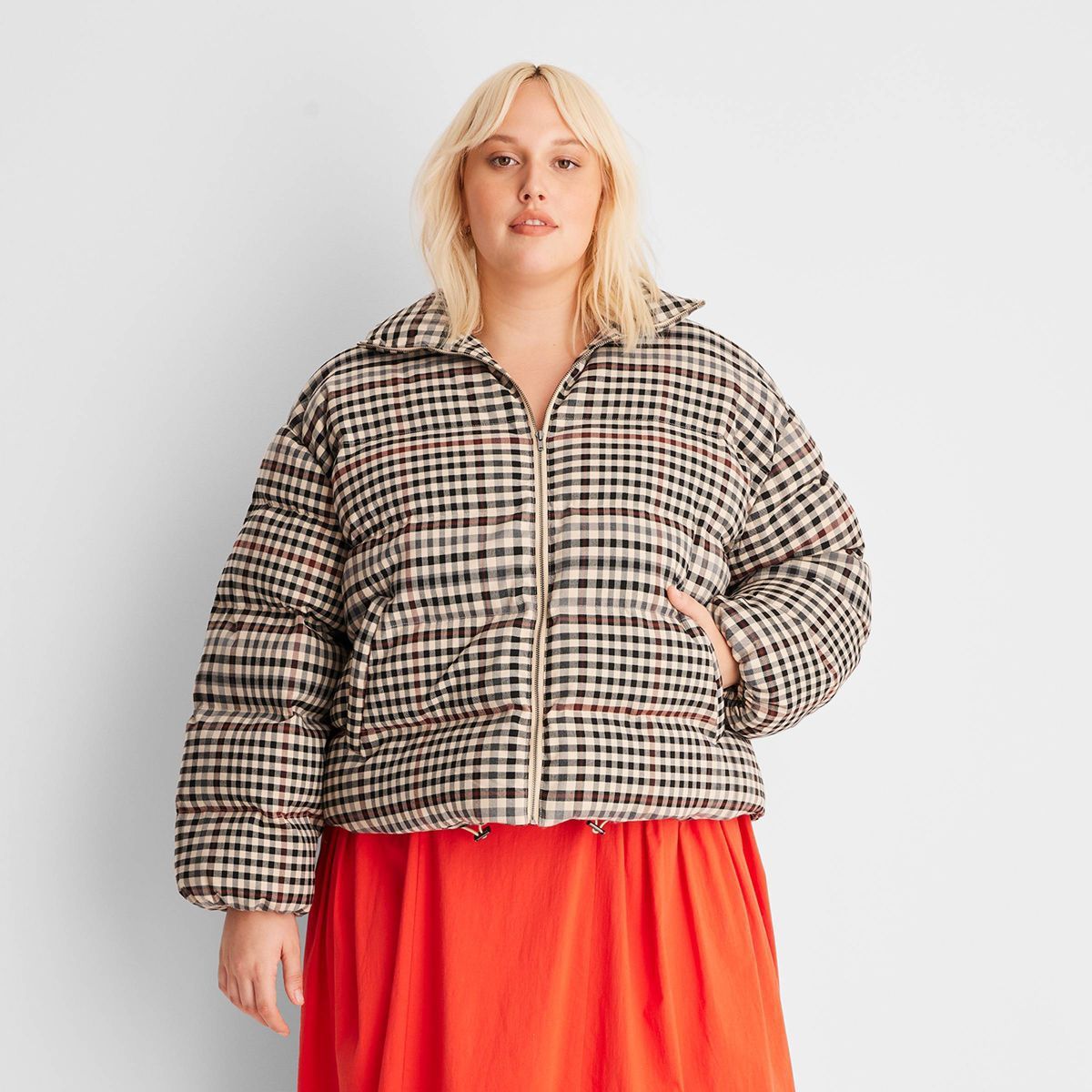 Women's Zip-Up Checkered Puffer Coat - Future Collective™ with Reese Blutstein Brown | Target