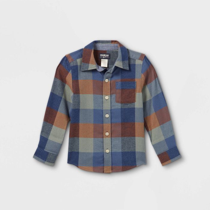 OshKosh B'gosh Toddler Boys' Flannel Check Long Sleeve Button-Down Shirt - Olive Green/Navy | Target
