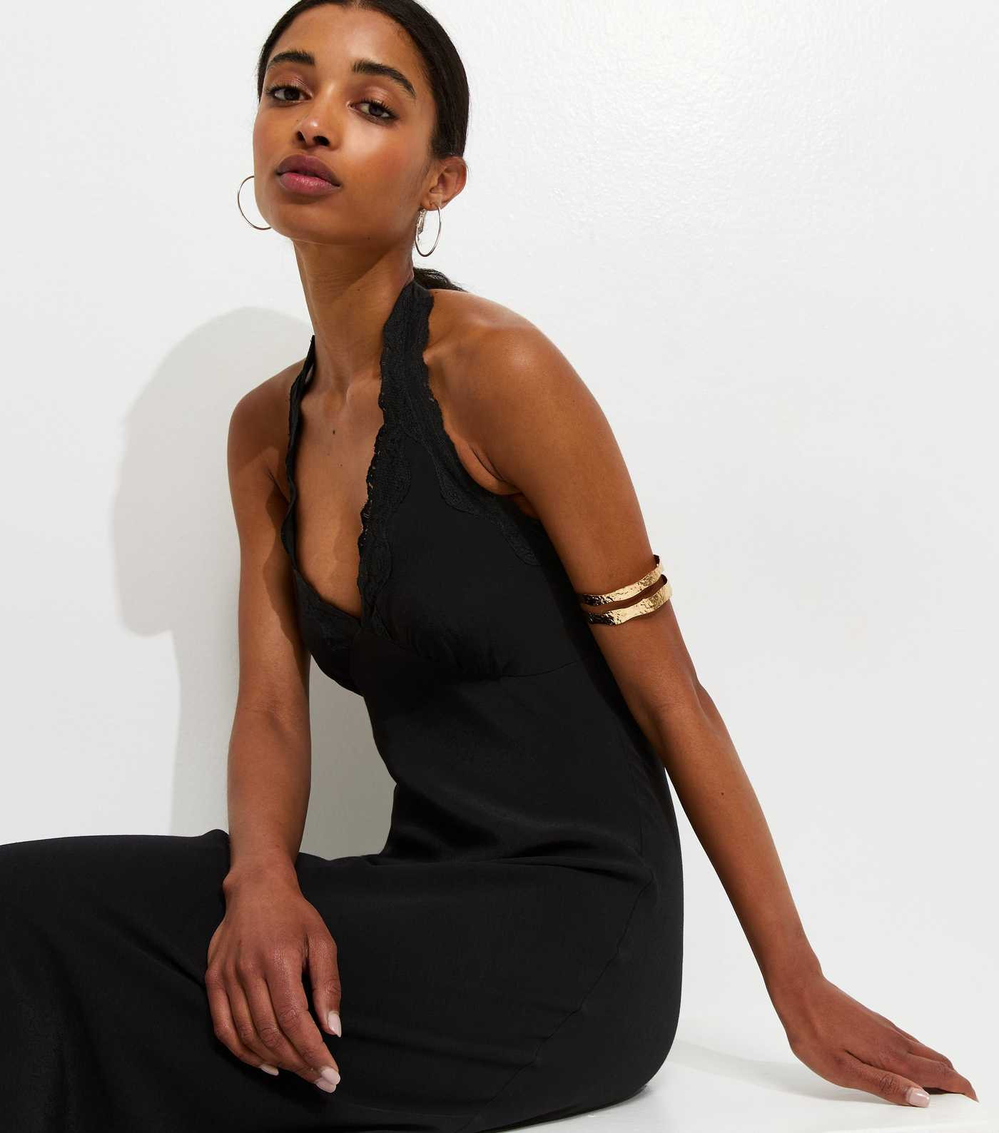 Black Halterneck Lace Trim Midi Dress | New Look | New Look (UK)