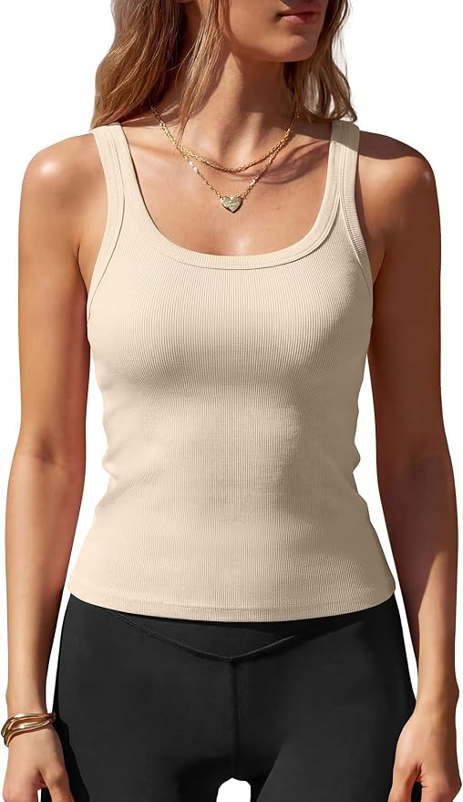 Darong Built in Bra Tank Tops for Women Ribbed Summer Sleeveless Square Neck Cami | Amazon (US)