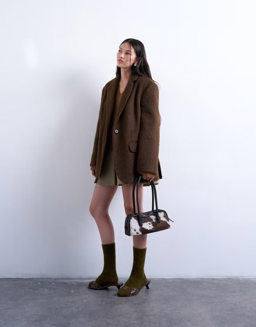 Topshop long brushed one button blazer coat with wool in chocolate-Brown | ASOS (Global)