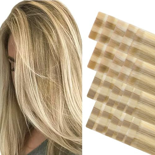 GOO GOO Invisi edge Tape in Hair Extensions Human Hair, 16/22 Light Blonde Highlighted Golden Blonde10pcs injected with 10pcs classical tape ins, 20inch 50g, Virgin Human Hair Tape ins | Amazon (US)