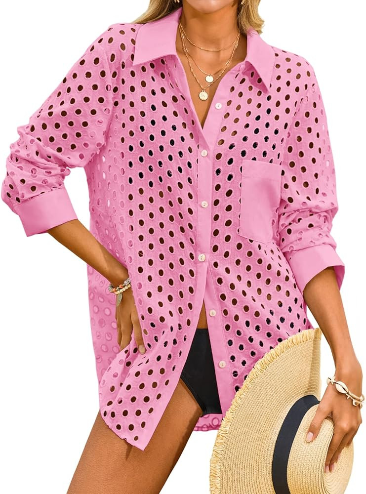 Fisoew Womens Hollow Out Swimsuit Coverup Shirt Button Down Bathing Suit Cover Ups Beachwear | Amazon (US)