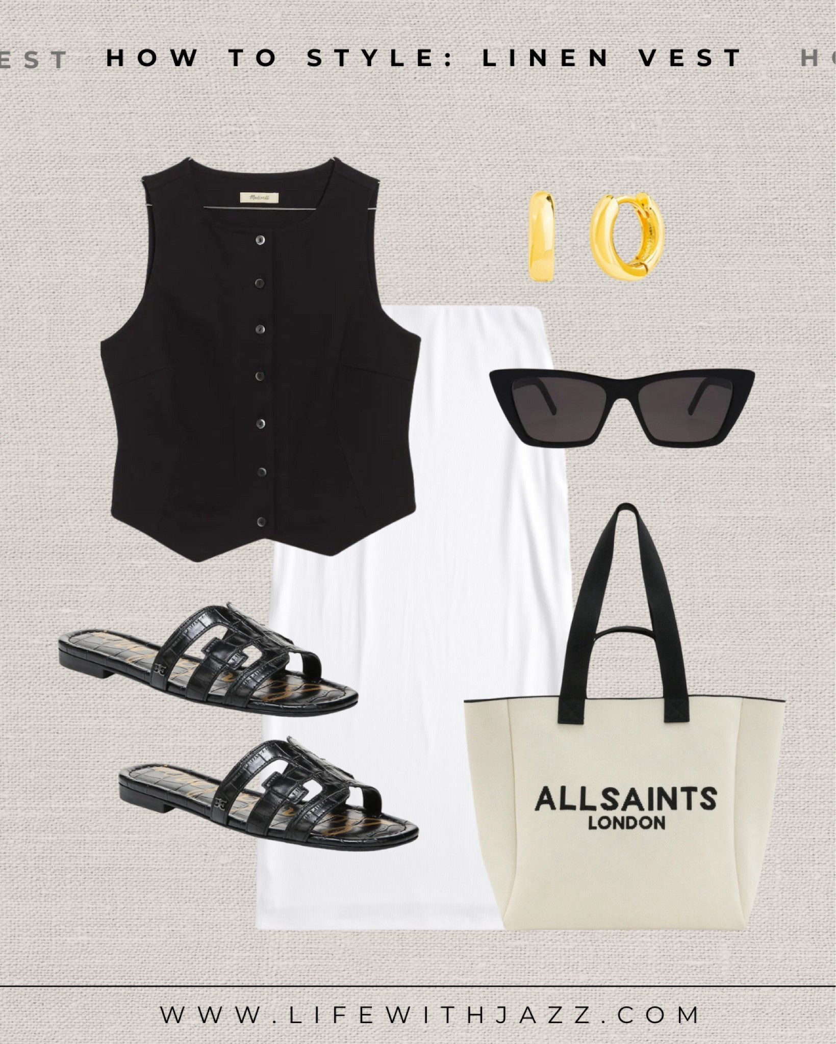 How to style a black linen vest 🖤

Black linen vest / knit white skirt / maxi skirt / black sandals / minimal sandals / jewelry / sunglasses / tote bag / chic 

#LTKSeasonal #LTKStyleTip