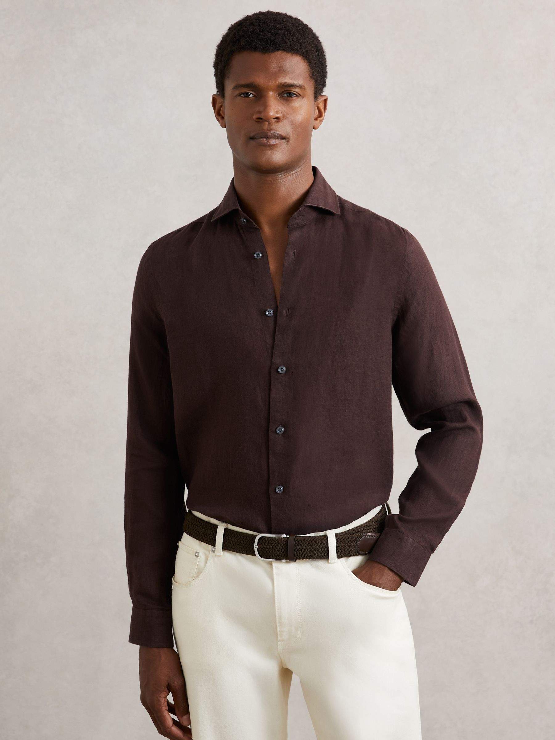 Linen Cutaway-Collar Shirt in Dark Brown | Reiss UK