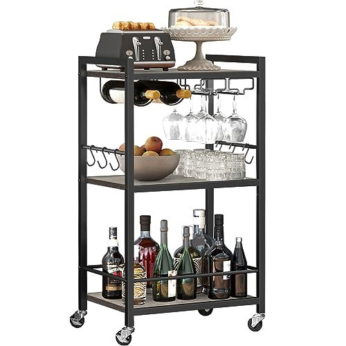 TUTOTAK Bar Cart, Home Bar Serving Cart, Microwave Cart, Drink Cart, Mobile Kitchen Shelf with Wine Rack and Glass Holder, Rolling Beverage Cart for Living Room, Kitchen, Greige BC01BG032 | Amazon (US)
