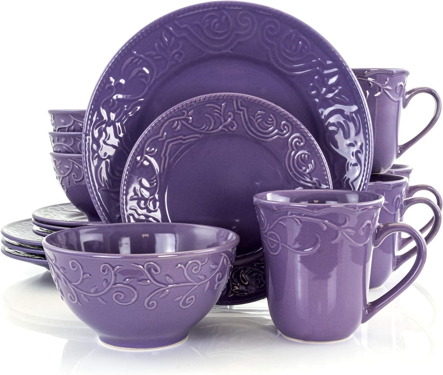 Elama Embossed Stoneware Elegant Round Dinnerware Dish Set, 16 Piece Set, Lilac Purple | Amazon (US)