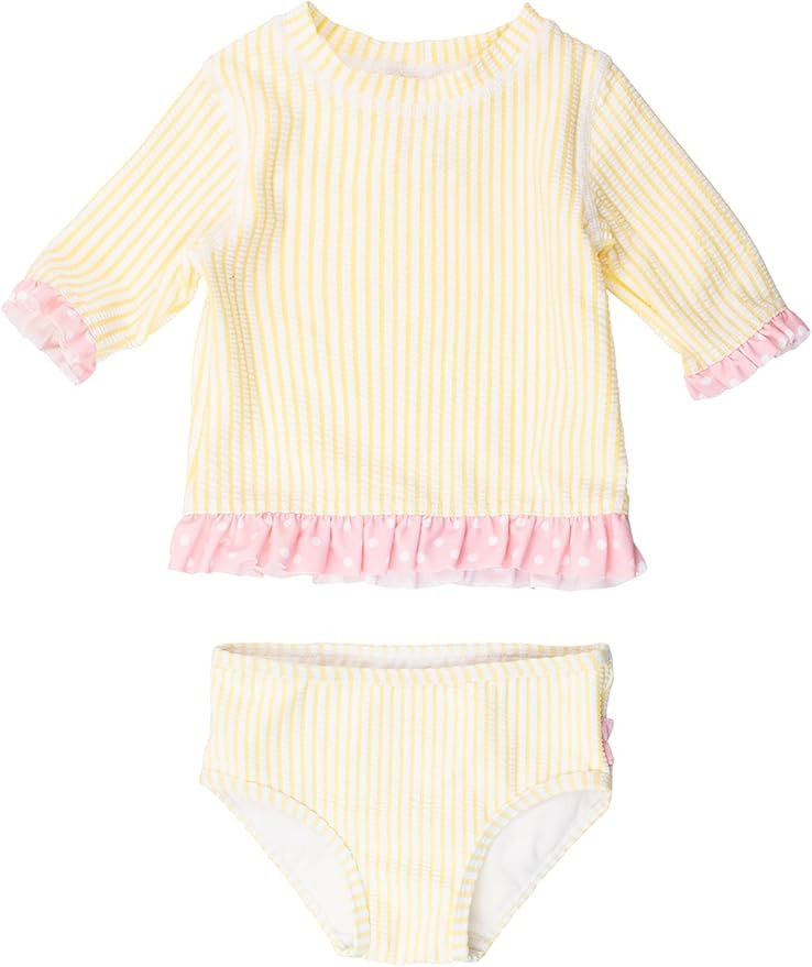 RuffleButts Baby/Toddler Girls UPF50+ Sun Protection Seersucker Short Sleeve Ruffle Rash Guard Bi... | Amazon (US)