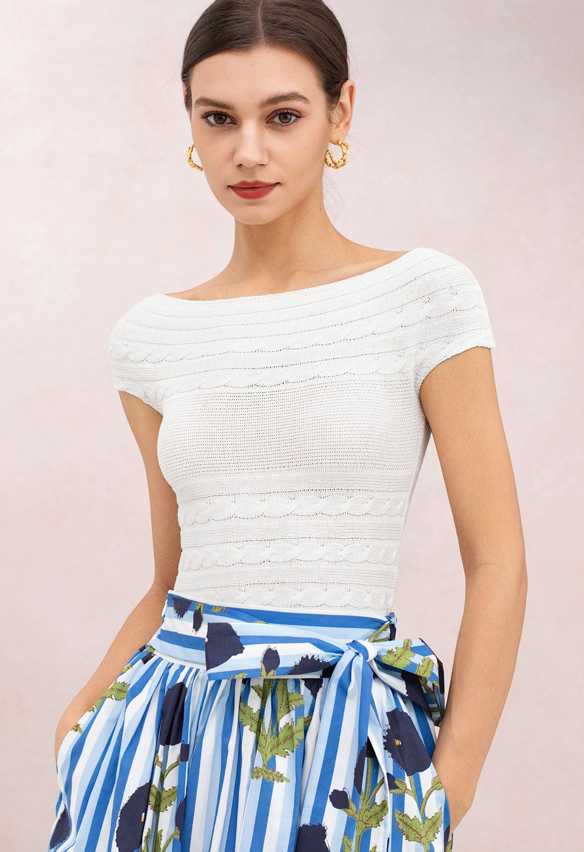 Tender Grace Boat Neck Cable-Knit Crop Top in White for Brunch Dates & Afternoon Tea | Chicwish