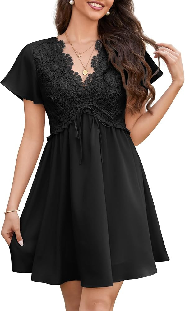 Florboom Women's Floral Lace Boho Deep V Neck Mini Dress Flutter Short Sleeve A-Line Flowy Dresse... | Amazon (US)