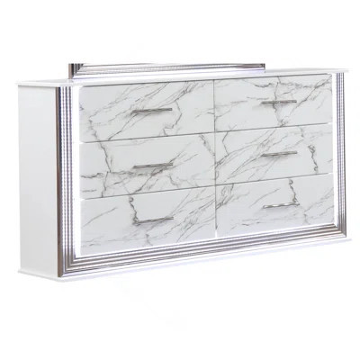 Desire Dresser Marble Patterned Drawer Fronts With Sleek White Finish, Metallic Handle  And Six Spacious Drawers For Elegant Bedroom Storage (INCLUDES | Wayfair North America