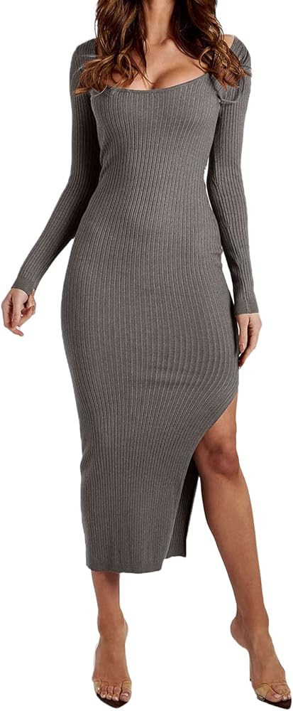 Women's Casual Basic Ribbed Knit Long Dress Solid Short Sleeve V Neck Bodycon Maxi Dresses | Amazon (US)