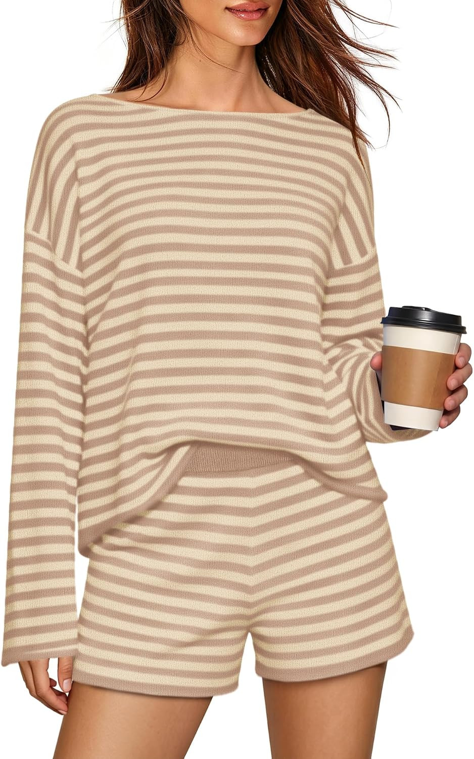 SENSERISE Womens 2 Piece Striped Set Off the Shoulder Sweater Shorts Sets | Amazon (US)