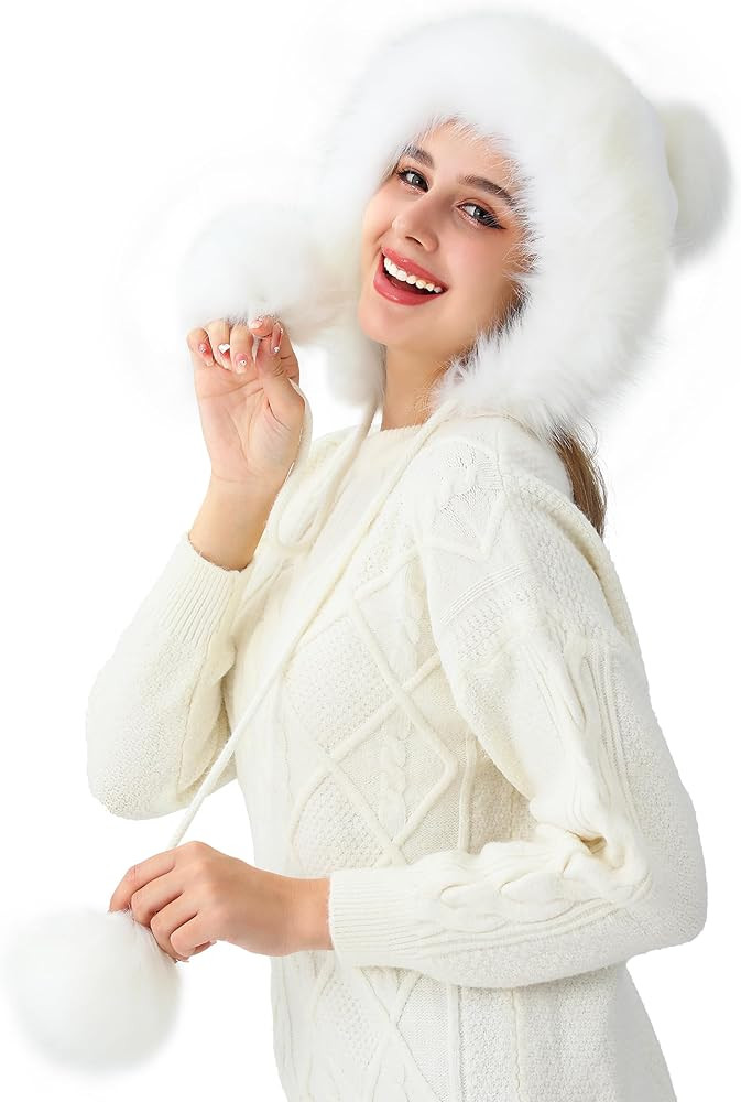 LA CARRIE Women's Faux Fur Hat with 3 Pom Pom for Cold Winter SKI Earflaps | Amazon (US)