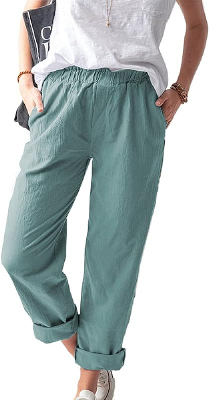 Women's Straight Pants Elastic Waist Casual Trousers Pants with Pockets | Amazon (US)
