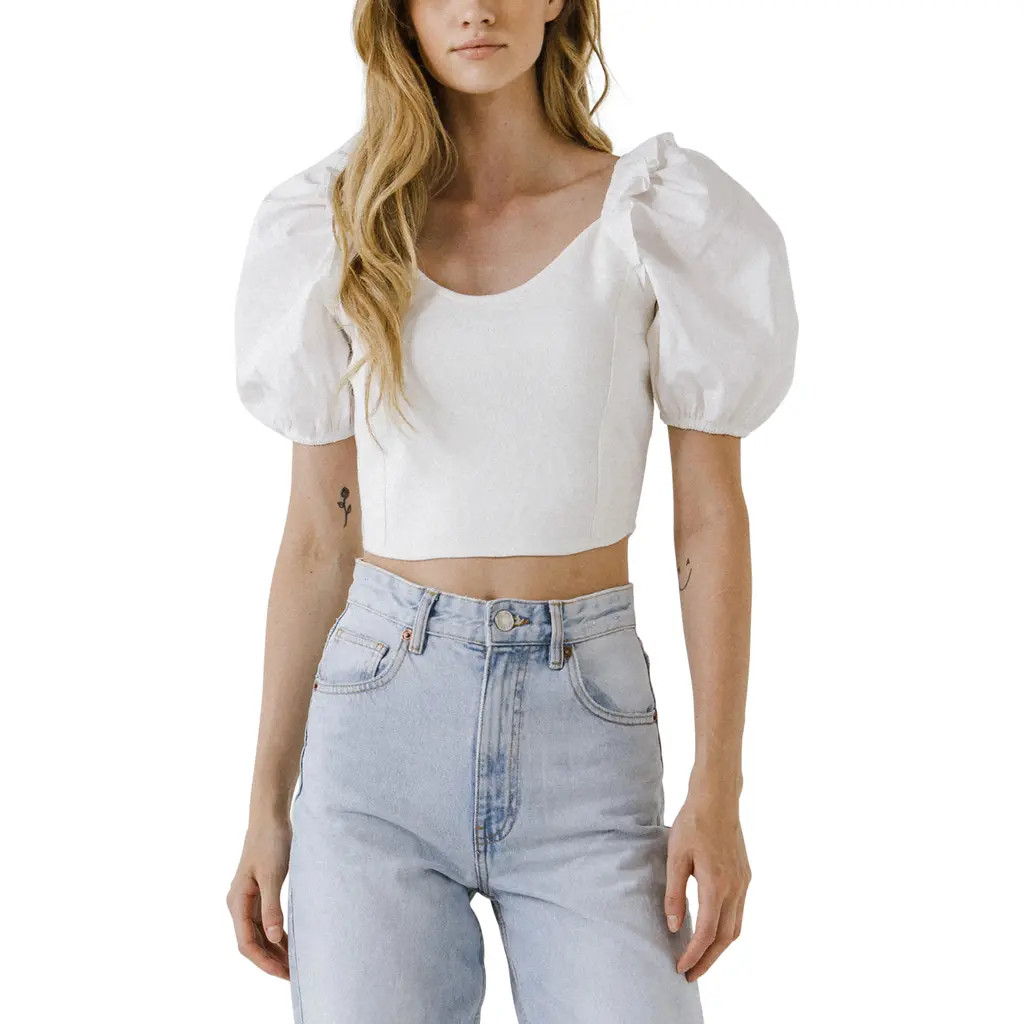 English Factory Mixed Media Crop Puff Sleeve Top in Off White at Nordstrom, Size Medium | Nordstrom
