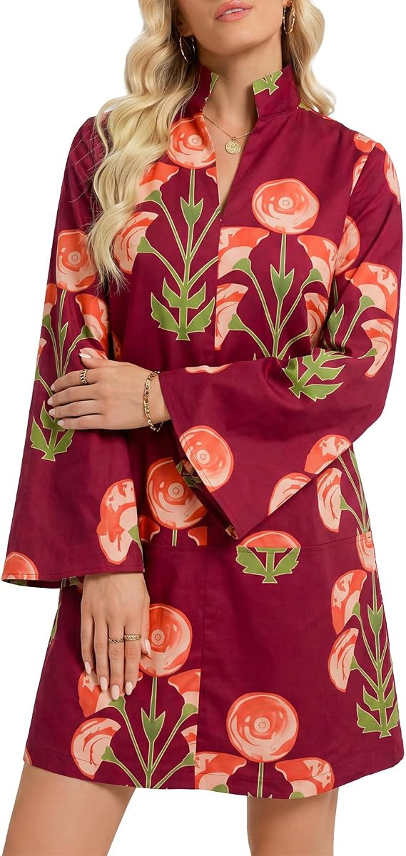 EZAPINE Bell Sleeve Dress for Women Floral V Neck Stand Collar Cotton Shift A line Vacation Beach... | Amazon (US)