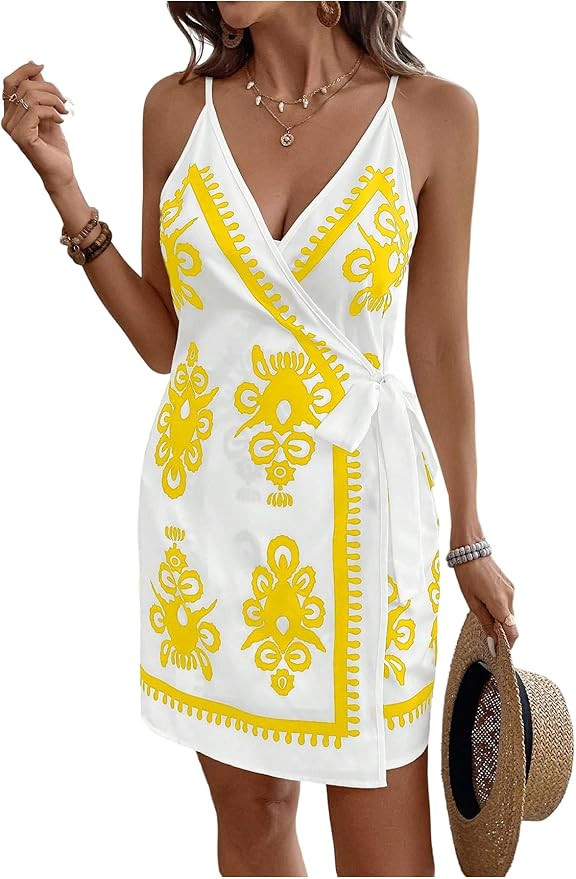 Women's Tropical Print Cami Dress Sleeveless Wrap V Neck Tie Knot Boho Short Dresses | Amazon (US)