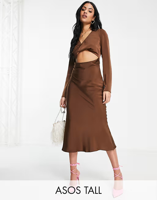 ASOS DESIGN Tall twist front bias midi dress in satin in rust | ASOS (Global)
