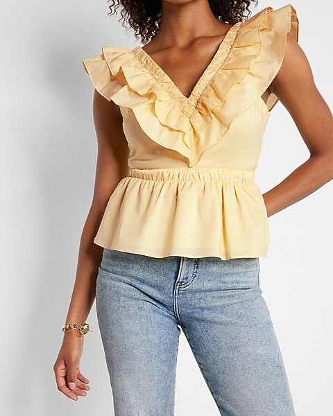 Ruffle V-Neck Tie Back Peplum Top | Express