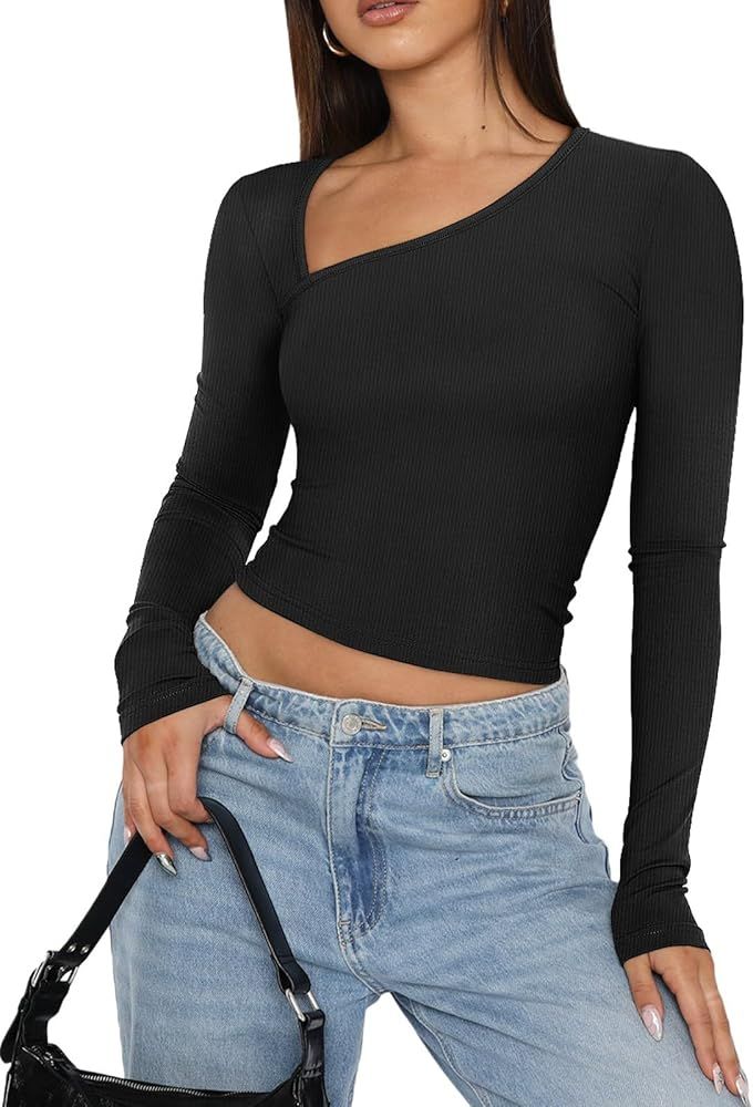 REORIA Women's Sexy Asymmetrical Neck Long Sleeve Ribbed Slim Fit Tight T Shirt Crop Tops | Amazon (US)