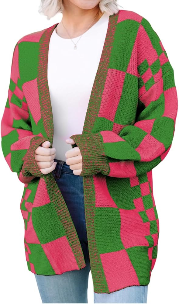 KevaMolly Womens Cardigan Sweater Checkered Printed Ribbed Trim Open Front Cardigan Plaid Casual ... | Amazon (US)