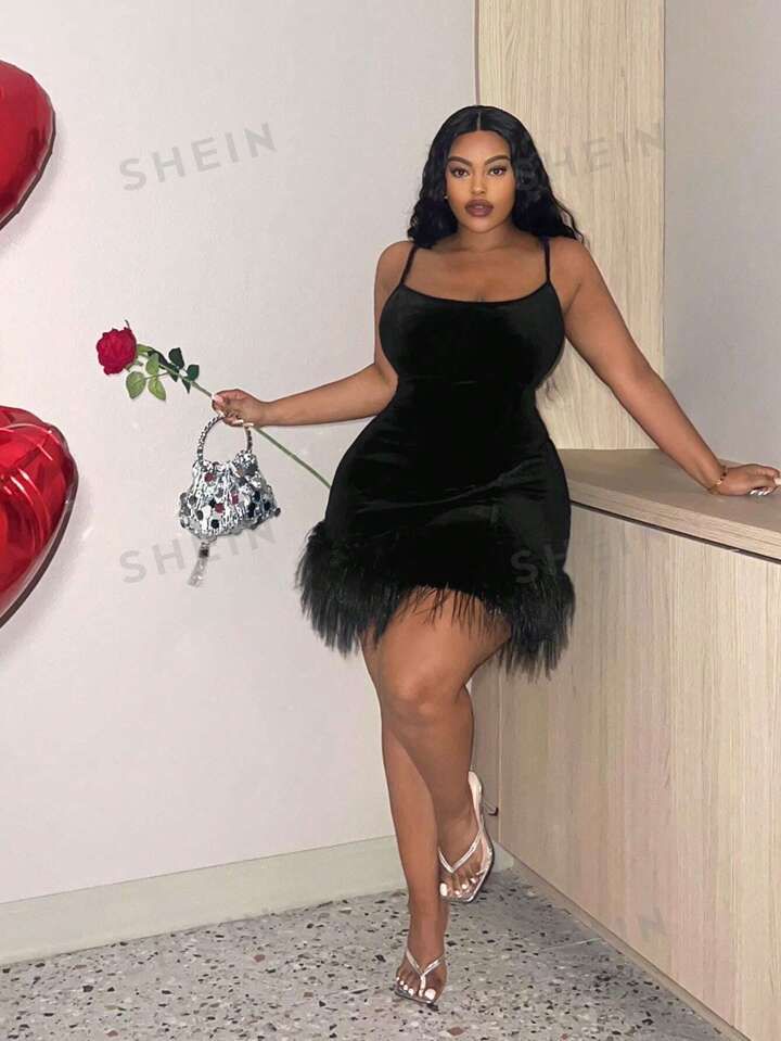 SHEIN Slayr Sexy Valentine's Day Black Feather Splice Sleeveless Maxi Dress () For Prom | SHEIN