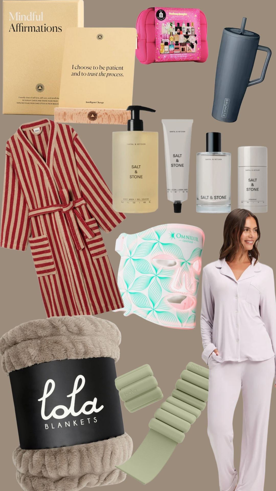 11/19/25 Dropping my first gift guide of the season — all focused on cozy, slow-living, feel-good self-care gifts that I personally love and stand by. These are perfect for anyone who values comfort, wellness, and intentional living.

Linked:
	•	Lola Blanket — the coziest blanket ever. Definitely an investment but worth the hype.
	•	Cozy Earth Bamboo PJ Set — my all-time favorite PJs. Insanely soft and stay that way through every wash.
	•	Bala Bangles — wearable weights for cozy movement days, walks, or light workouts.
	•	Omnilux LED Red Light Mask — a splurge-worthy self-care staple and my favorite wellness gadget.
	•	Piglet in Bed Striped House Coat — truly feels like wearing a comforter around the house. Peak cozy.
	•	Salt & Stone Body Care Duo — clean, elevated body care (body wash, lotion, deodorant, fragrance).
	•	BrüMate 40oz Water Bottle — non-toxic, silicone-based, easy to travel with, and keeps water cold forever.
	•	Sephora Perfume Sampler Set — try multiple scents and redeem the included voucher for a full-size perfume. Such a good deal.
	•	Mindful Affirmations Cards — a thoughtful, calming gift for anyone who loves wellness, journaling, or slow mornings.

#LTKselfcare #LTKGiftGuide #LTKCyberWeek