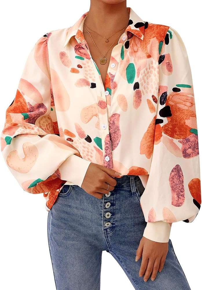 PRETTYGARDEN Women's Floral Blouses Dressy Casual V Neck Button Down Shirts Lantern Long Sleeve B... | Amazon (US)