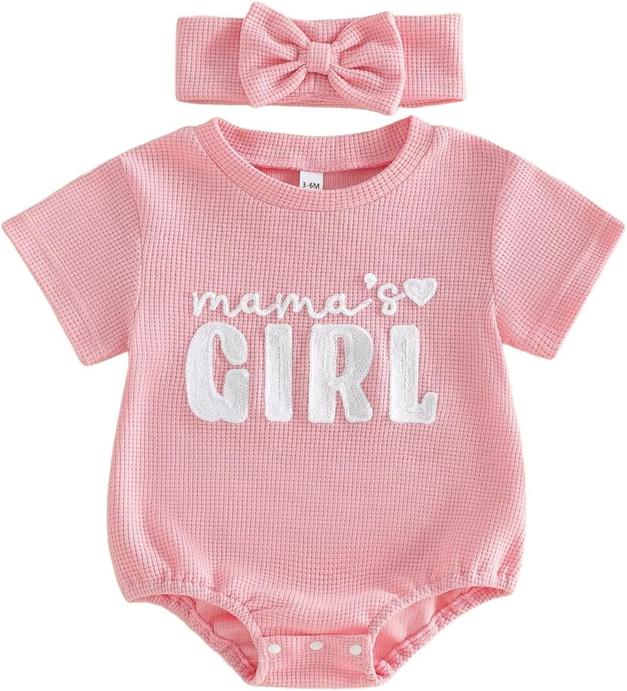 Baby Girl Clothes Mamas Girl Outfit Cute Letter Embroidered Waffle Bubble Romper Onesie Tee Shirt | Amazon (US)