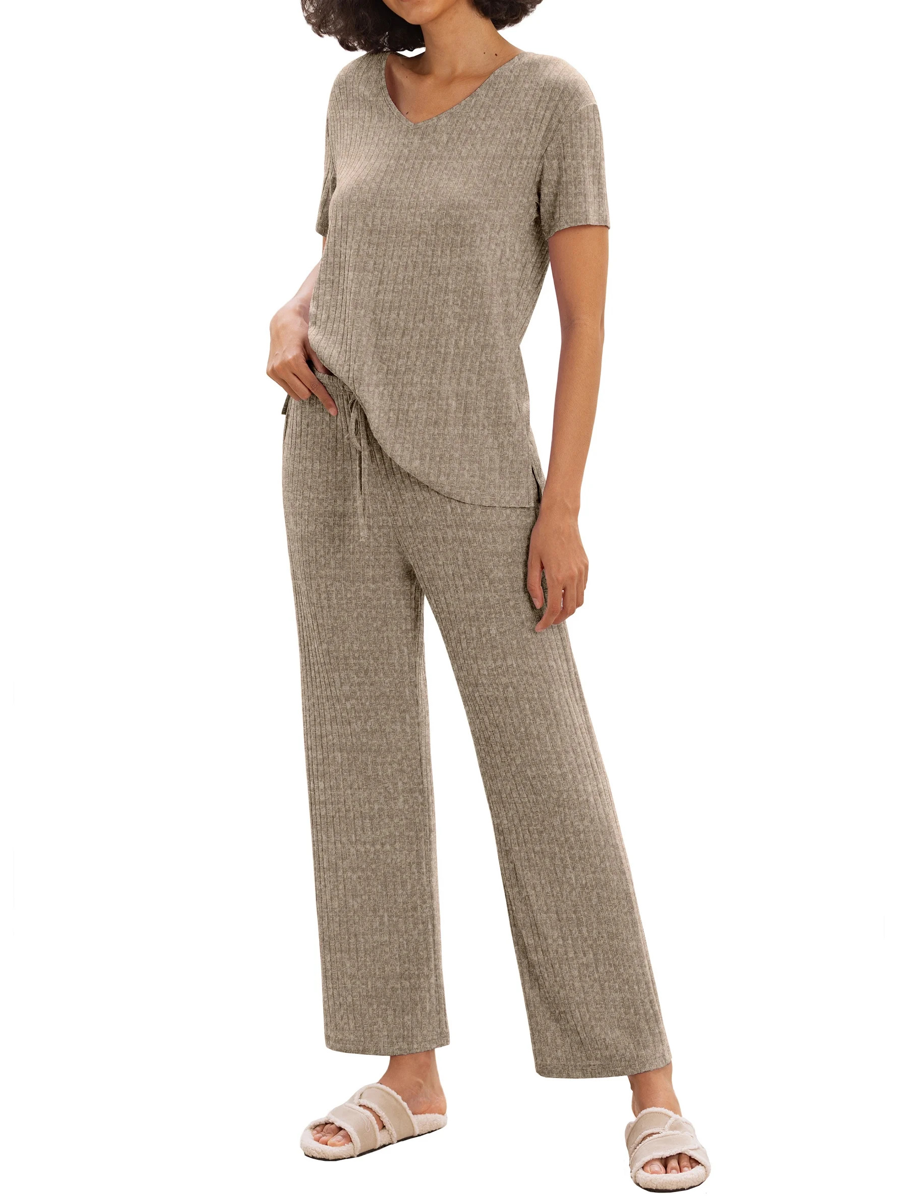 MINTREUS Women's Pajama Set Knit Soft Lounge Set Lightweight Sleepwear Two Piece Matching Outfits... | Walmart (US)