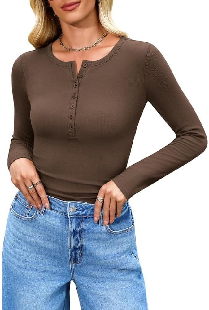 Long Sleeve Shirts for Women 2025 Spring Fall Tops Henley Button Ribbed Tunic Slim Fit Trendy Out... | Amazon (US)