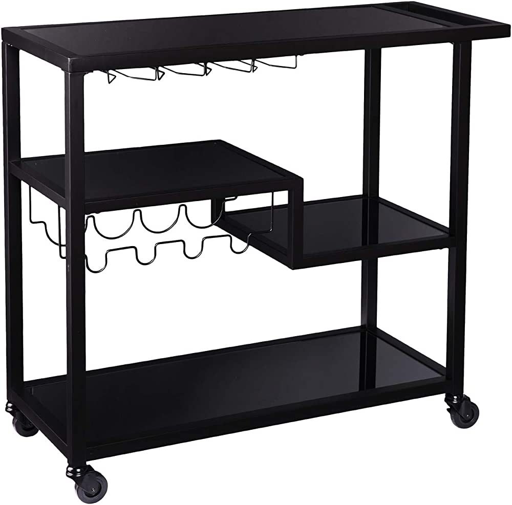 SEI Furniture Zephs Metal and Tempered Glass Locking Castor Wheels Bar Cart, Black, Smoky Gray | Amazon (US)