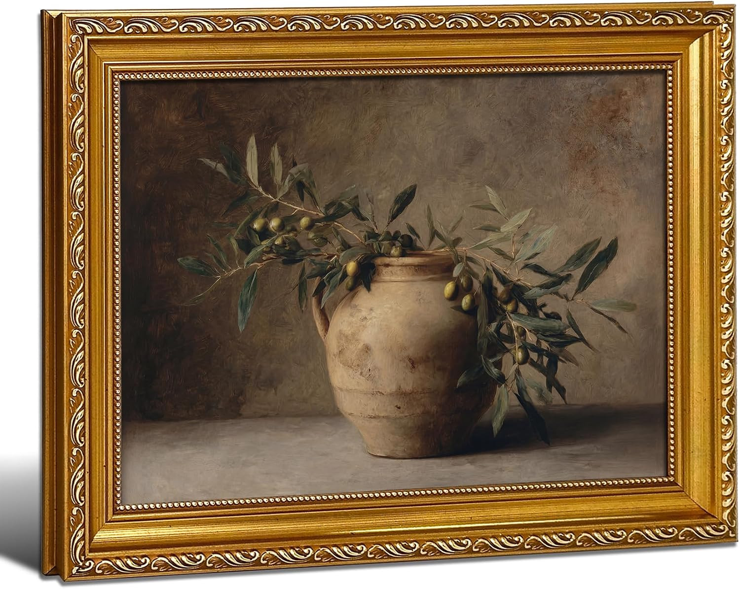 PXISMZZYXGS Olive Branch Horizontal Framed Wall Art, Vintage Tuscan Kitchen Still Life Painting, Moody French Country Gold Ornate Frame Artwork, Rustic Farmhouse Dining Room Decor, 9x11 Inch | Amazon (US)