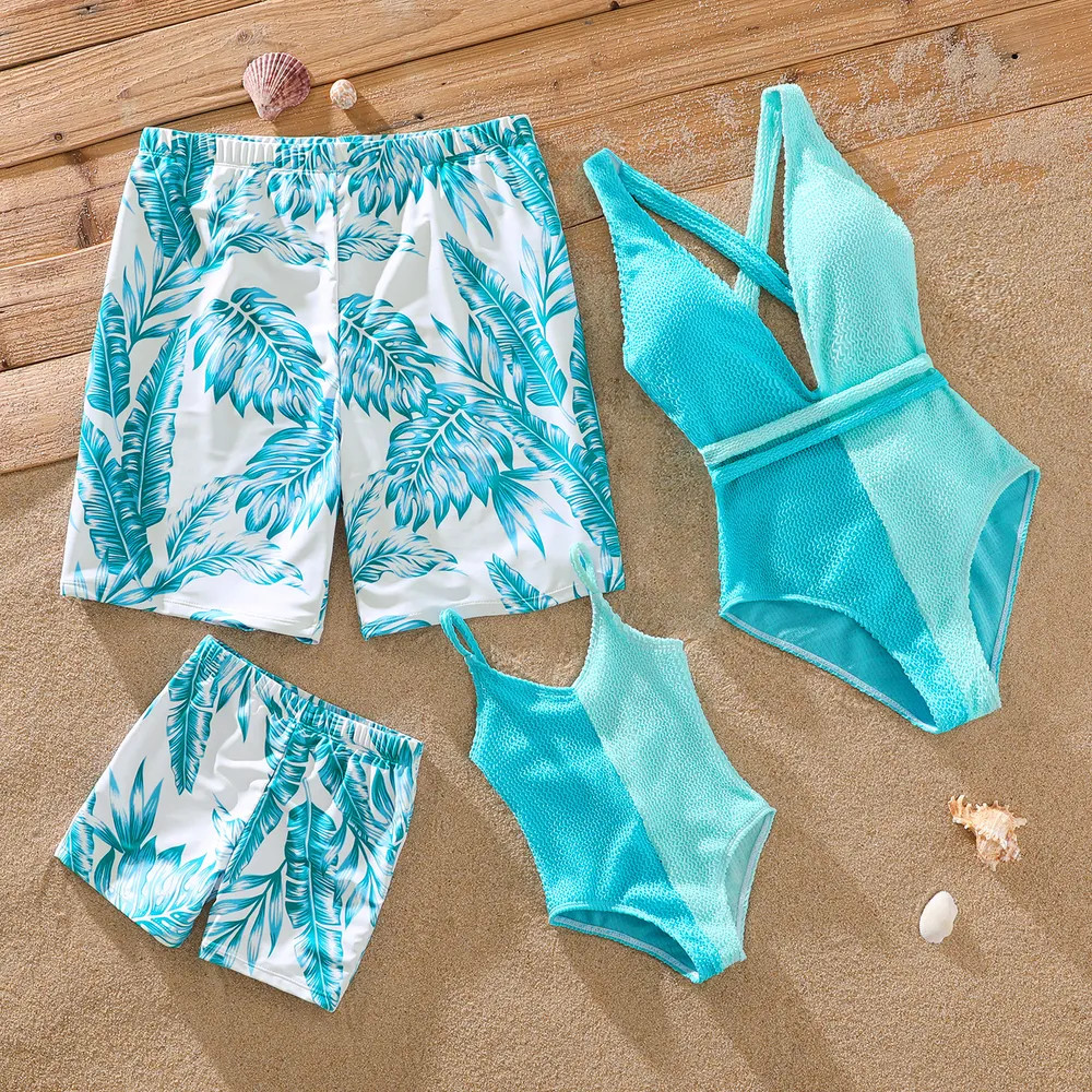 Family Matching Colorblock Textured Self-tie One-Piece Swimsuit and Allover Palm Leaf Print Swim ... | PatPat