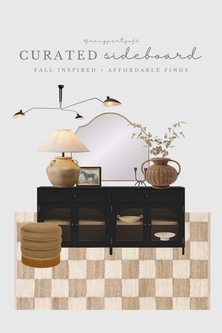 Another curated sideboard/console but with a checkered rug. Loving the 🤎🍂 tones here! Chandelier, velvet ottoman, black console, large vase, table lamp, interior decor

#LTKhome #LTKstyletip #LTKsalealert