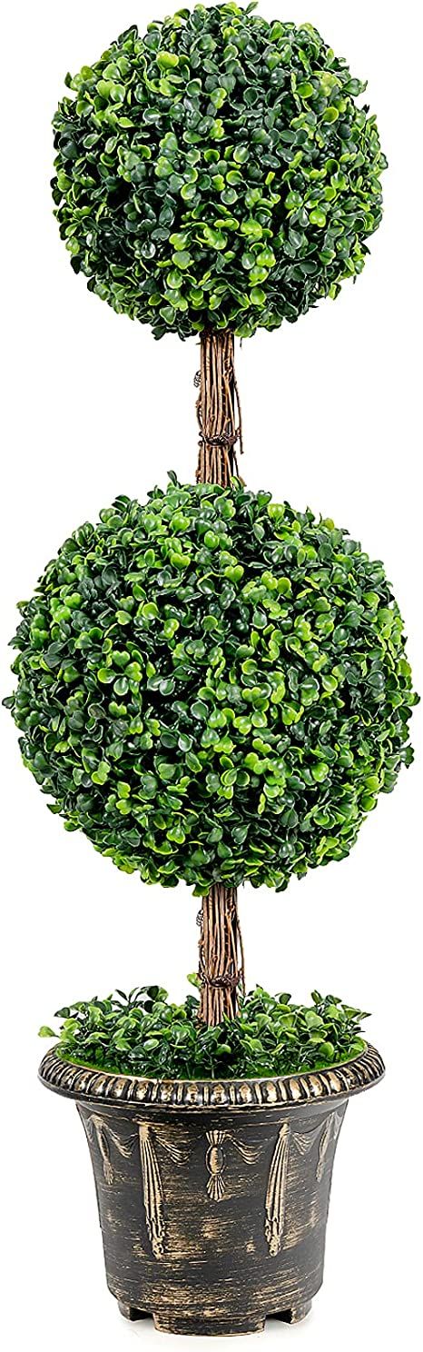 Goplus 3 Ft Artificial Boxwood Topiary Tree, Fake Greenery Plants Ball Tree, Leaves & Cement-Fill... | Amazon (US)